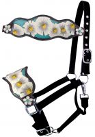 Showman Adjustable black nylon bronc halter with white painted poppy flower and 3D flower designed nose band